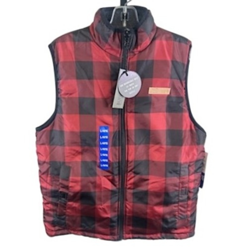 New Buffalo David Bitton Reversible Vest Red Puffer Buffalo Check Large 14/16